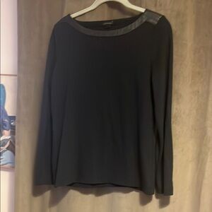 Ann Taylor Black Cotton Ponte Top with Faux Leather Collar